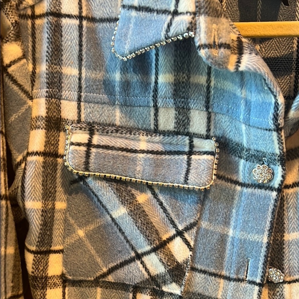 Shacket Blue and Black Plaid Shirt with jeweled buttons - Picture 5 of 7